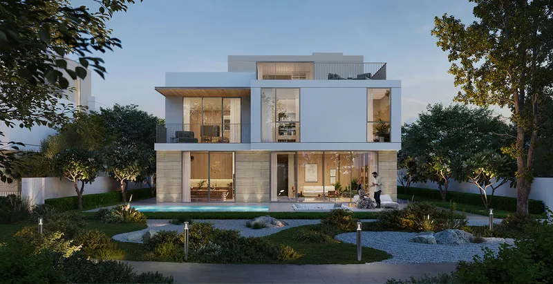 Render of a two-storey Ovelle villa with a garden pool, terraces and trees at The Valley
