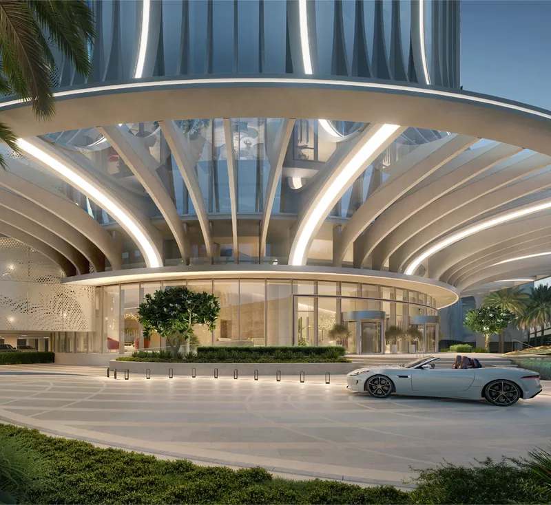 Arrival canopy and drop-off at the base of Palm Beach Towers