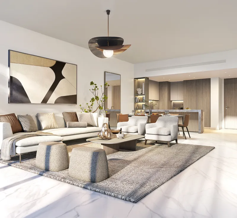 Furnished living and dining room at Palm Beach Towers with a pale stone floor