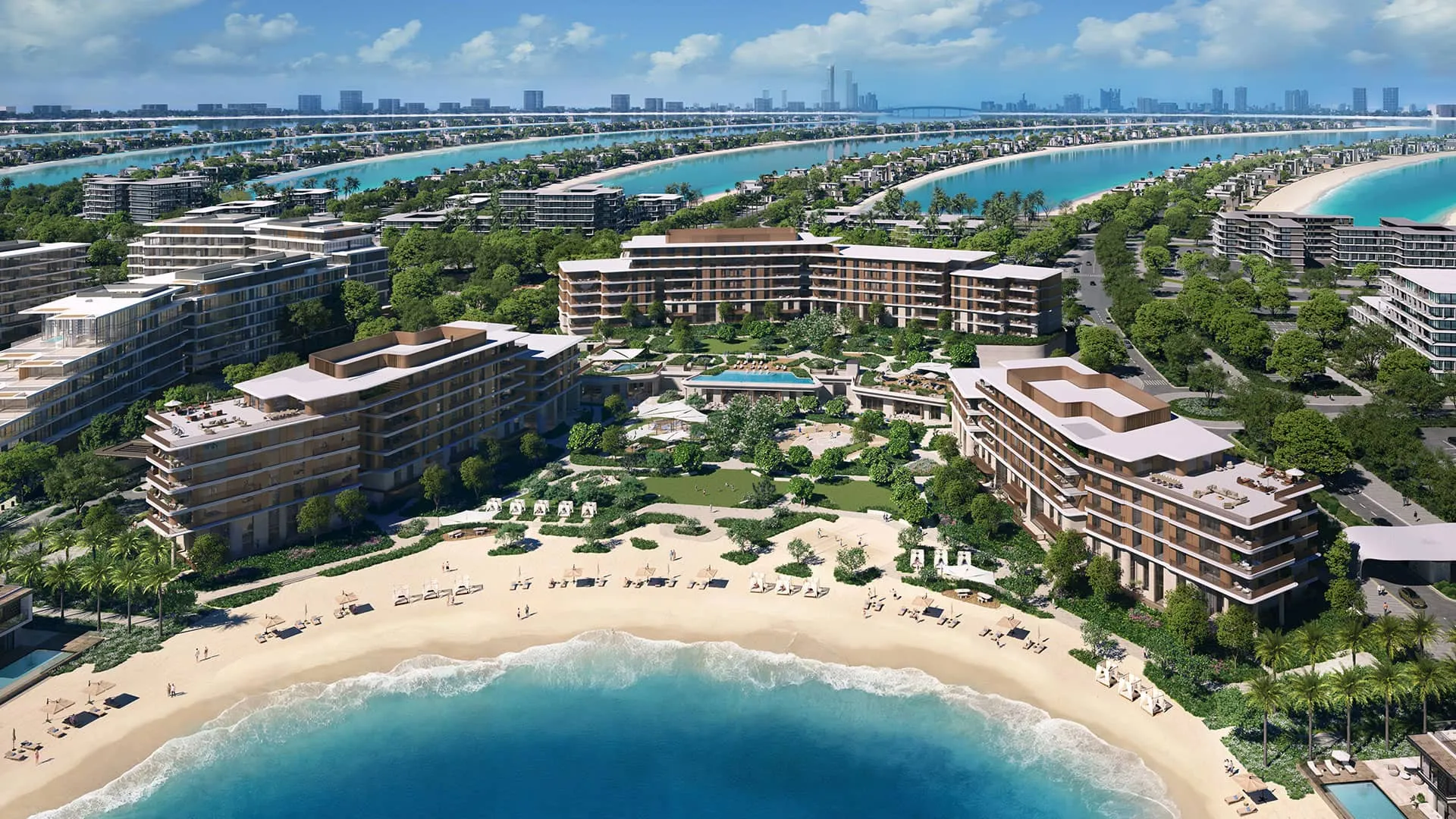 Aerial render of the Palm Central Private Residences buildings on the Spine of Palm Jebel Ali, with the beach and fronds beyond