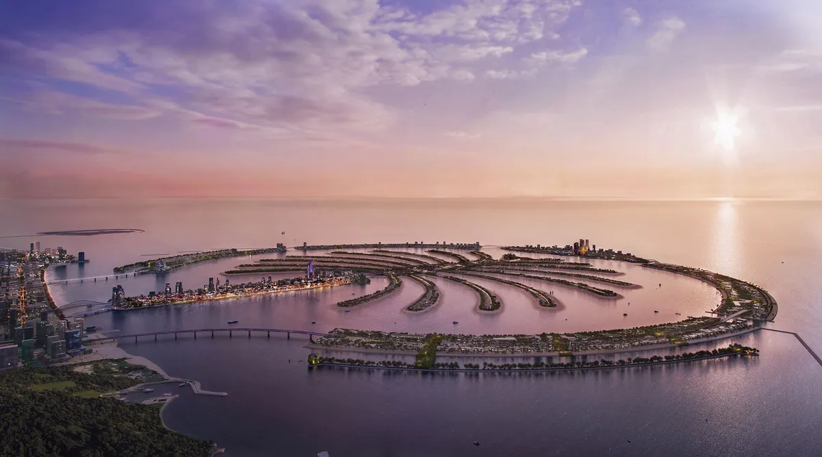 Aerial render of Palm Jebel Ali showing the fronds and beachfront villa plots