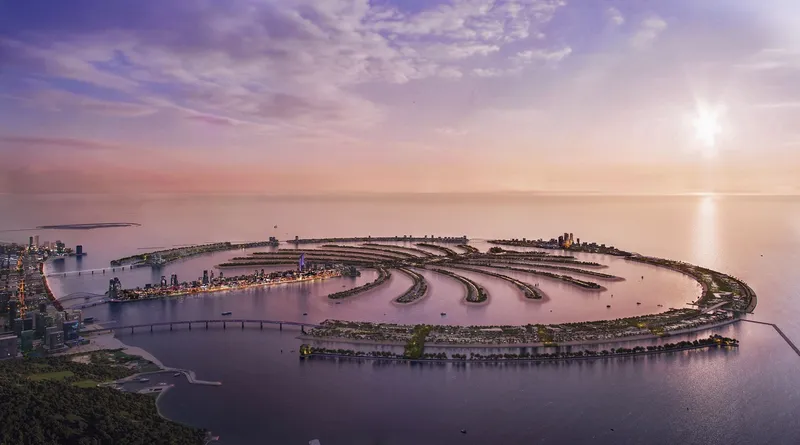 Aerial render of Palm Jebel Ali showing the fronds and beachfront villa plots