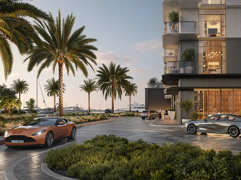 Render of the landscaped arrival drive at the foot of a Pier Point tower