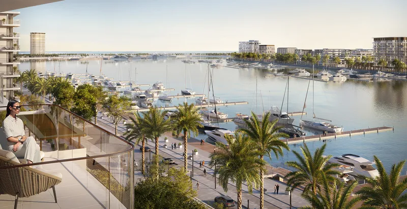 Render of a Pier Point balcony overlooking the marina, promenade and palm trees
