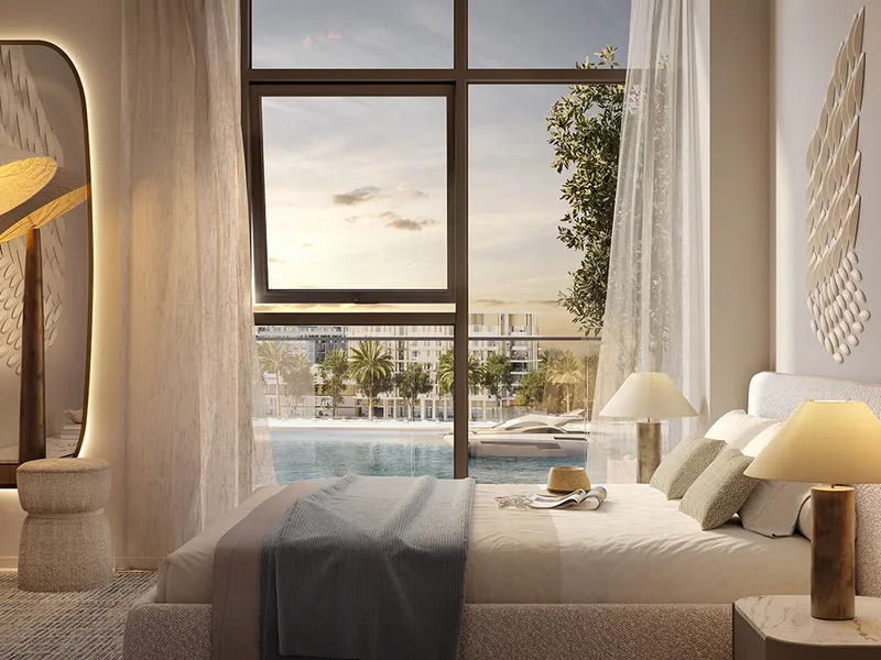 Interior render of a Pier Point bedroom with a marina view