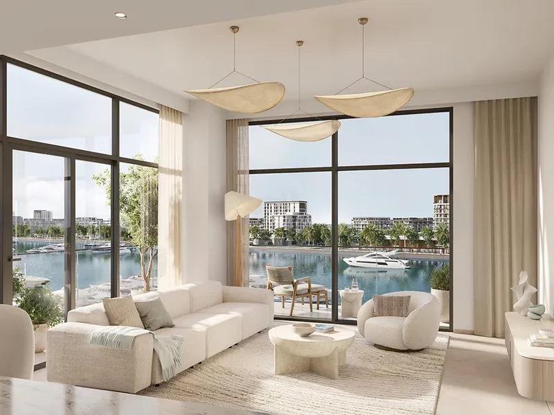 Interior render of a Pier Point living room with floor-to-ceiling windows over the marina