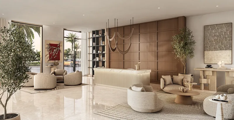 Interior render of the Pier Point lobby with a wood-panelled reception