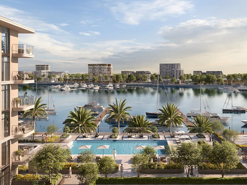 Render of the Pier Point podium pool and gardens with the marina beyond