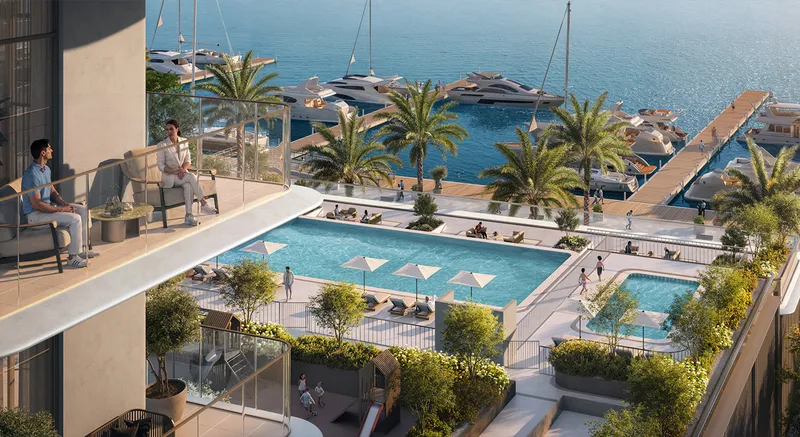 Render of residents on a terrace above the Pier Point pool deck