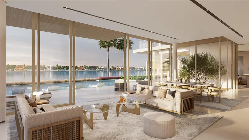 Redwood villa living and dining interior looking out to the sea