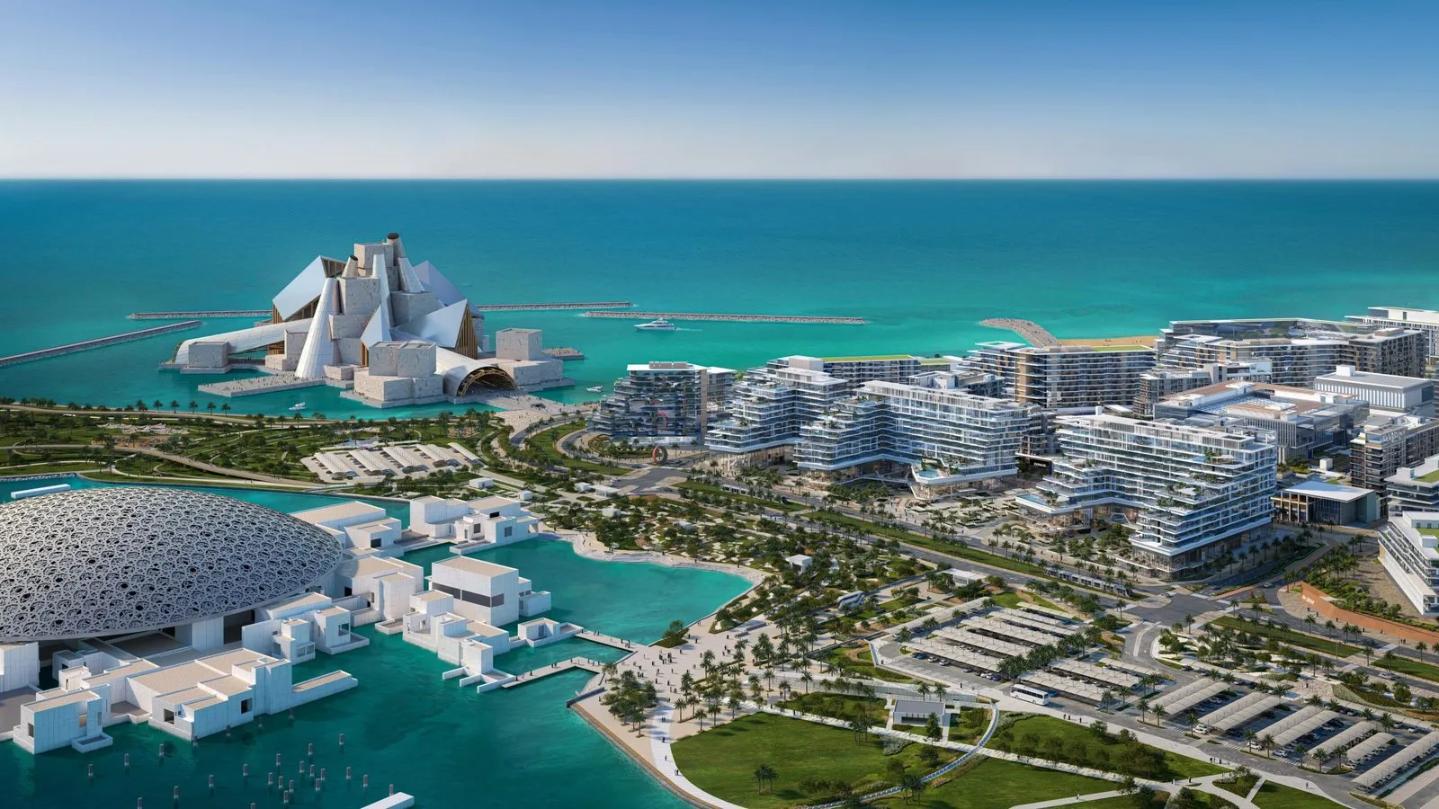 Aerial masterplan render of Saadiyat Island in Abu Dhabi, showing the Louvre Abu Dhabi dome and low-rise waterfront development