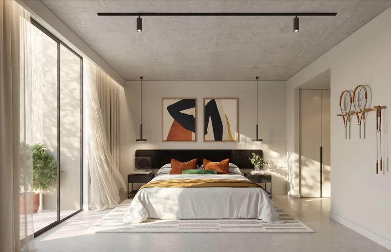 Interior render of a Rise by Athlon bedroom with a double bed, artwork and full-height window