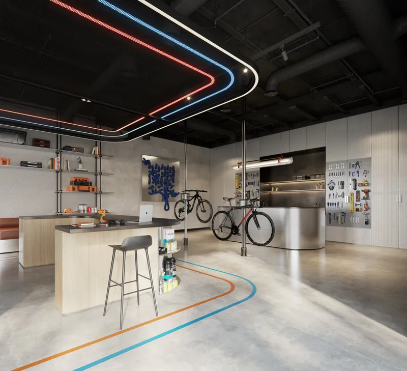 Render of the Rise by Athlon bike workshop with bikes on wall stands and a work counter