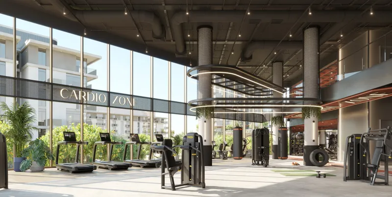 Render of the Rise by Athlon gym with cardio machines beside a double-height glass wall