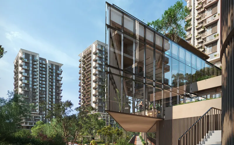 Render of the glass-walled Rise by Athlon gym pavilion with apartment towers behind