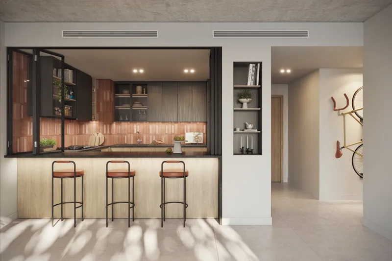 Interior render of a closed kitchen with a breakfast counter and bar stools in a Rise by Athlon apartment