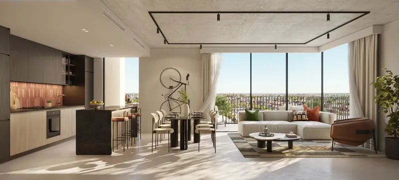 Interior render of an open living, dining and kitchen area in a Rise by Athlon apartment with floor-to-ceiling windows