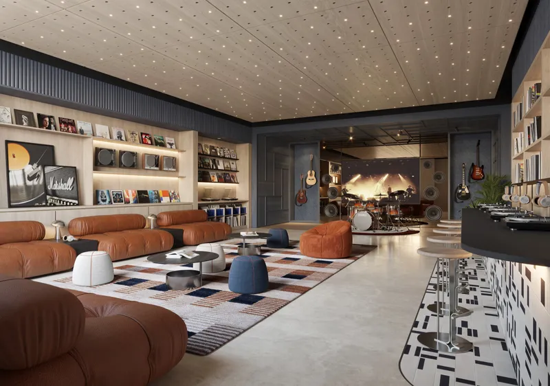 Render of the Rise by Athlon Rhythm Room with sofas, record shelves and musical instruments