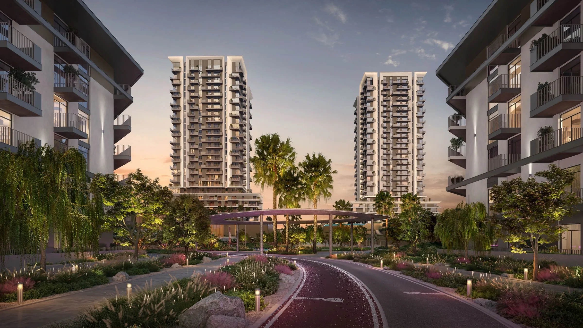Render of the Rise by Athlon towers at dusk, seen from a landscaped road with low-rise buildings either side