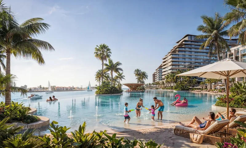 Families on the lagoon beach with the River Cove Residences towers behind