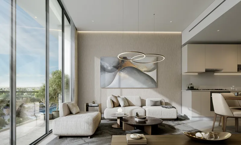 Living room with floor-to-ceiling glazing at River Cove Residences