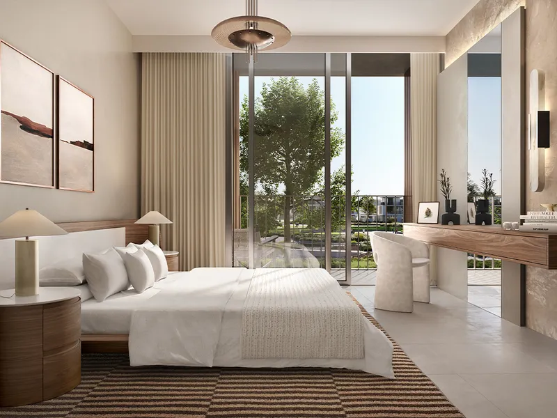 Interior render of a Rivera townhouse bedroom with a balcony door and a dressing table
