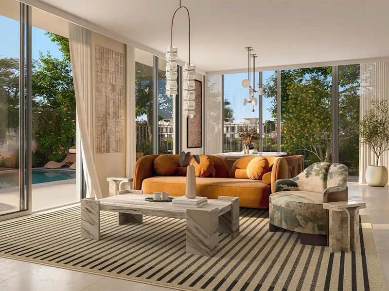 Interior render of a Rivera townhouse living room with full-height glazing onto a garden pool
