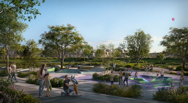 Render of the skatepark in a landscaped park at Rivera, The Valley