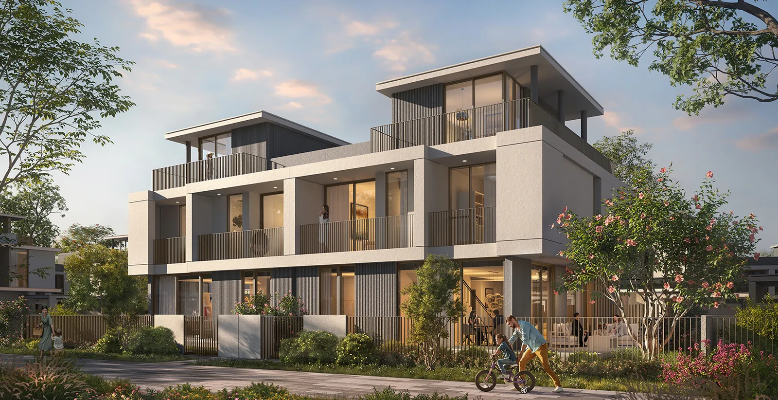 Render of a pair of three-storey Rivera townhouses at The Valley with terraces and a landscaped street