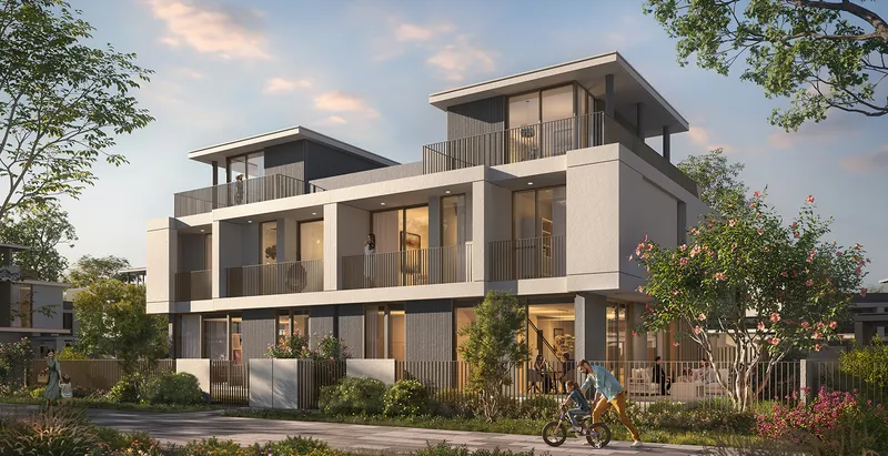 Render of a pair of three-storey Rivera townhouses at The Valley with terraces and a landscaped street