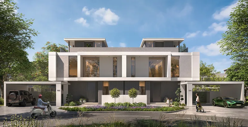 Render of the front of a pair of Rivera townhouses with covered parking on each side