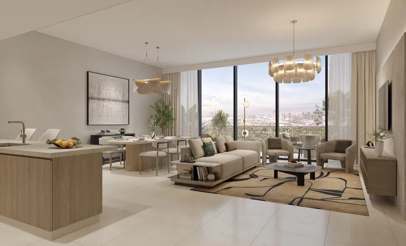 Three bedroom living and dining room at Expo Valley Views with corner glazing over open land