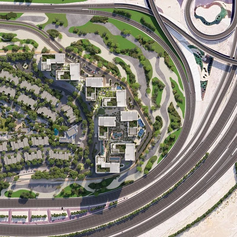 Top-down site plan render showing the Expo Valley Views apartment cluster beside a multi-lane highway interchange