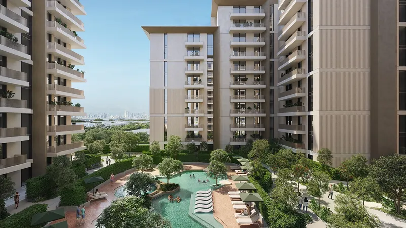 Courtyard swimming pool between two Expo Valley Views apartment blocks