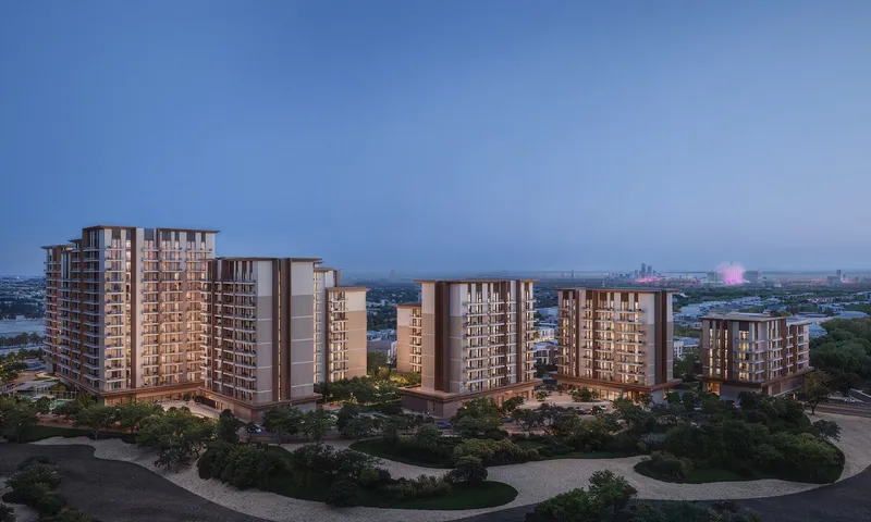 Dusk aerial render of the Expo Valley Views apartment cluster