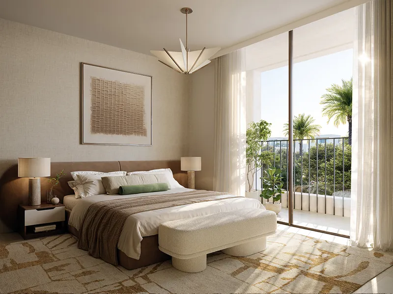 Interior render of a Salva villa bedroom with full-height glazing