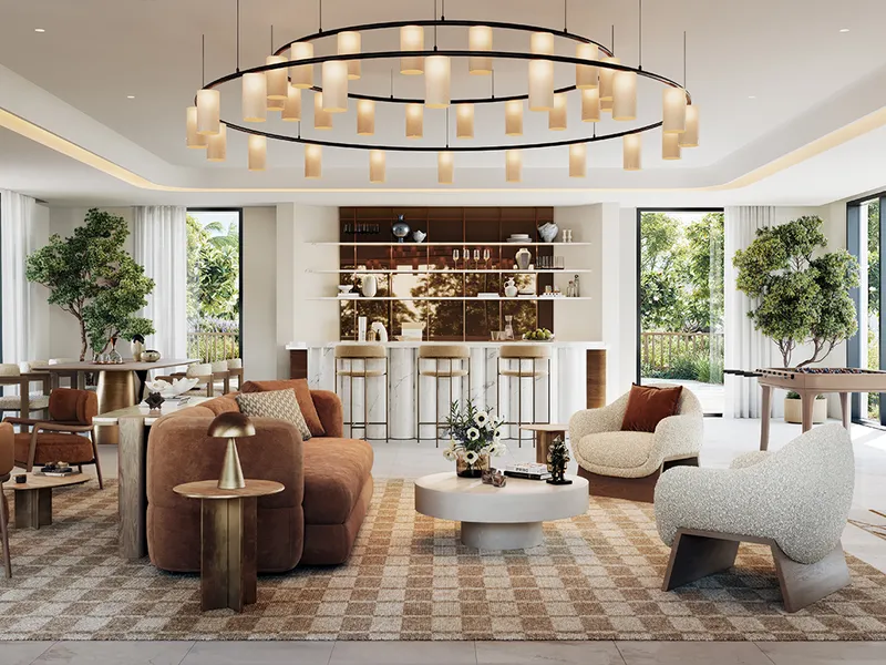 Interior render of a Salva villa family room with a bar counter and garden views