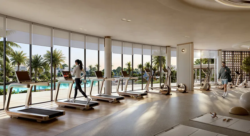 Interior render of a gym with treadmills facing a pool