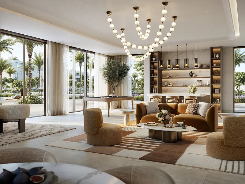 Interior render of a Salva villa living room with a sculptural chandelier