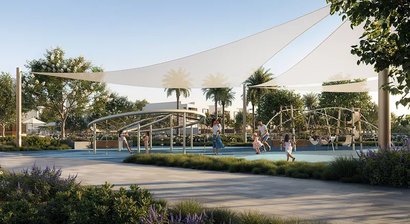 Render of a shaded children's play area in a landscaped park