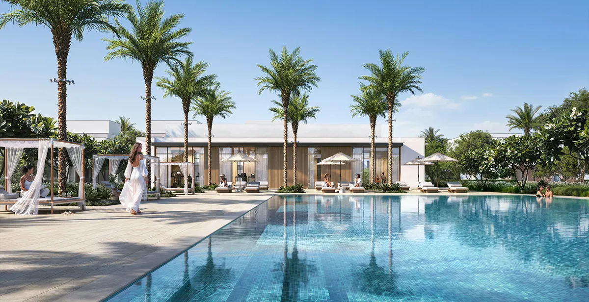 Render of a palm-lined swimming pool and pavilion at The Heights Country Club and Wellness
