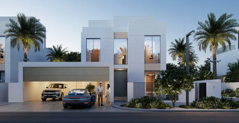 Render of a white two-storey Salva villa with a covered carport and palm trees