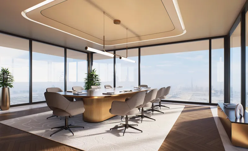 Render of the executive conference room at SAMANA Business Hub, with an oval table and full-height windows