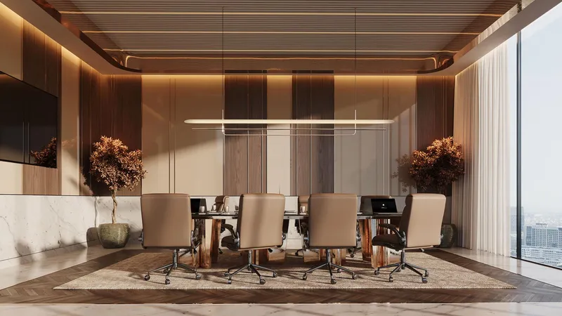 Render of a conference room at SAMANA Business Hub, with a long meeting table, timber walls and city views