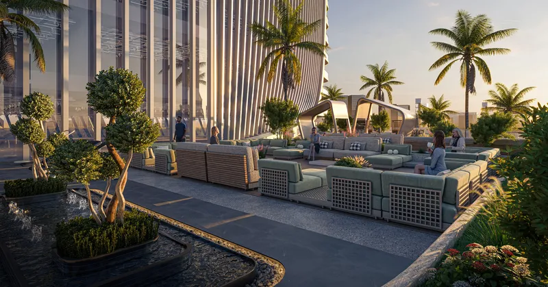 Render of the outdoor lounge on the podium at SAMANA Business Hub, with woven armchairs and clipped trees