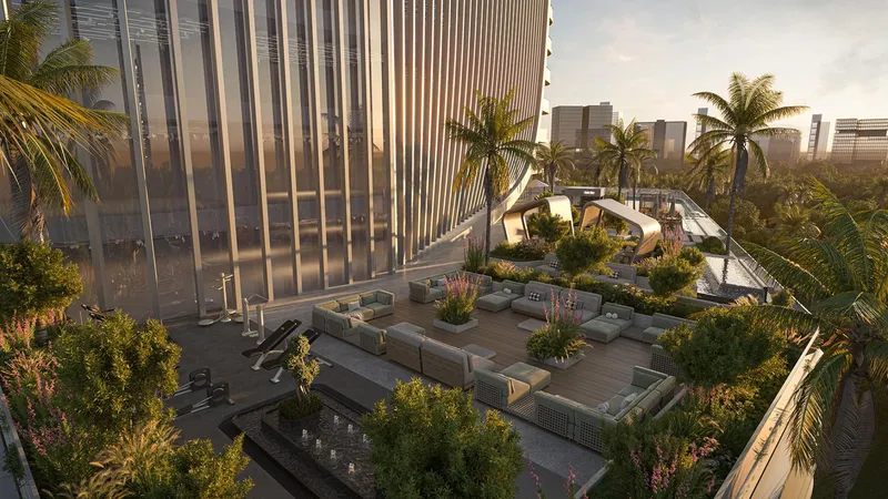 Render of the landscaped podium deck at SAMANA Business Hub, with lounge seating and palm trees beside the tower