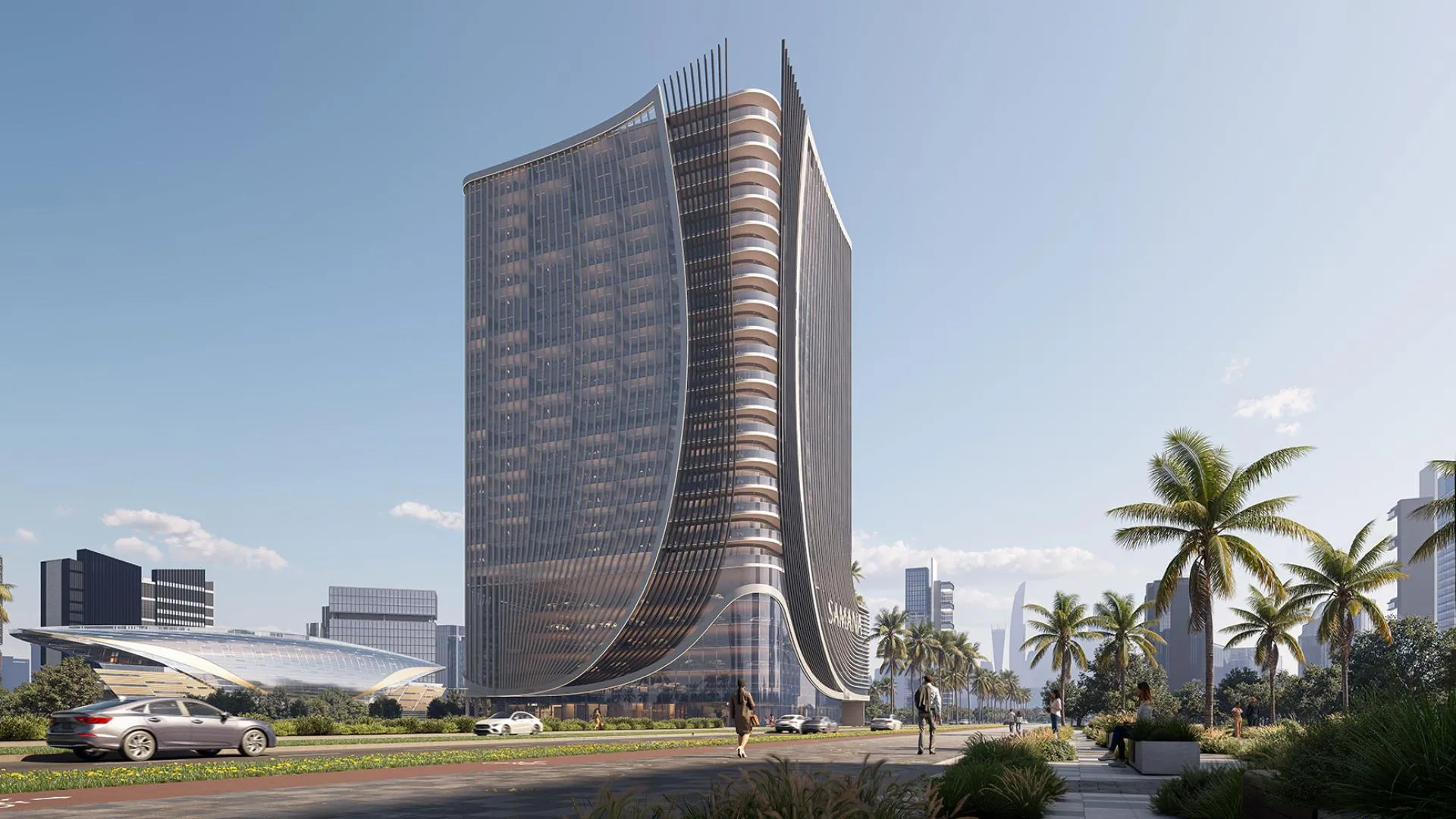 Render of the SAMANA Business Hub office tower in Jebel Ali, with its curved glass facade, seen from the street