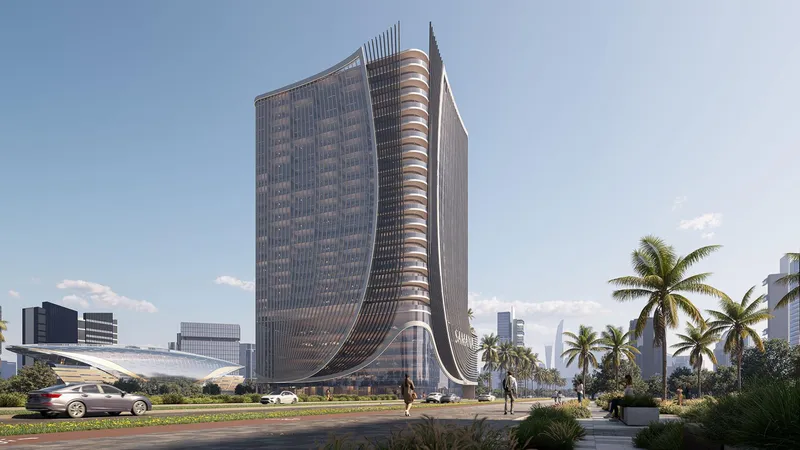 Render of the SAMANA Business Hub office tower in Jebel Ali, with its curved glass facade, seen from the street