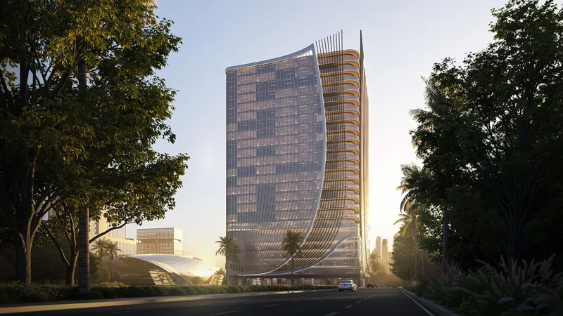 Render of the SAMANA Business Hub tower at dusk, framed by trees along the approach road