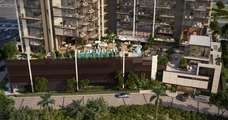 Aerial view of the podium pool deck at Sea Cliff by Imtiaz